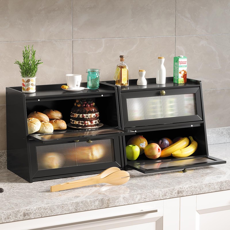 K KELBEL Double Layer Large Bamboo Bread Box for Kitchen