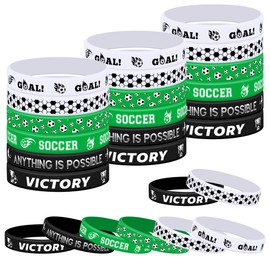 Lesnala 48 Pcs Soccer silicone bracelets Green Black White Motivational rubber wristband for Theme Birthday Party Favors Supplies Sport Events School Prizes 6 Designs