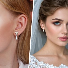 Weviway Sterling Silver Teardrop Dangle Earrings with Pearl, Flower Crown Design, Silver