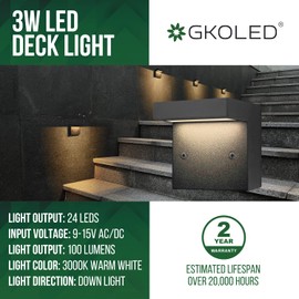 GKOLED 2-Pack Low Voltage LED Deck Lights, Landscape Step Wall Stair Railing Post Lighting with 3W Integrated LED Chips, IP65 Waterproof for Outdoor, Die-cast Aluminum, Black Powder Coated Finish