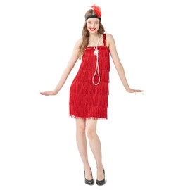 Wizland 1920s Tassel Flapper Dress Cocktail Party Roaring 20s Great Gatsby Ballroom Dress With A Headband,A Necklace (Red S)