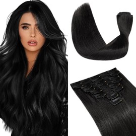 Elailite Hair Extensions Clip in Real Hair Human Hair Black 8 Pieces Invisible Thin Weft Full Head Remy Hair Straight - #1 Jet Black - 22 Inch (75 g)