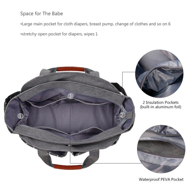 Diaper Bag Large Size Multi Pockets Gray Portable Diaper Tote