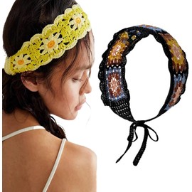 Boho Headbands Hair Bandeau Women Turban Vintage Folk Scarf Hippie Crochet Knitted Woven Headwrap Hair Band Floral Head Wrap Bandanas for Girls (Style1, One size)