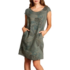 Caspar SKL022 Women's Summer Linen Dress with Paisley Print up to UK Size 22 (EU 50) - Olive green