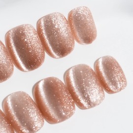 Sun&Beam Nails Handmade Press On Short Round with Flesh Color Cat Eye Design Charm Cute False Nail Tips 10 Pcs (#095 XS)