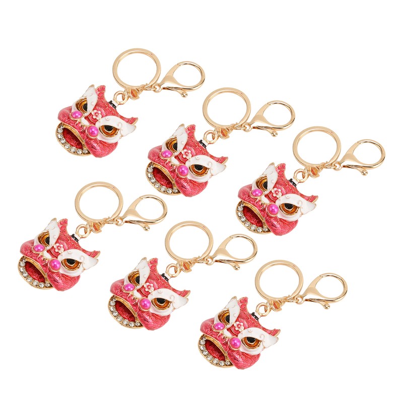 6pcs Lion Dance Keychains Cute Funny Rust Prevention Rhinestone Keychain