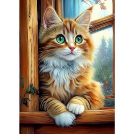 MXJSUA Fensterbank Katze DIY Diamant-Malset nach Zahlen für Erwachsene, 5D Rundbohr Diamant Edelstein Kunstmalerei Bild Kunstsets Basteln für Heimdekoration 30x40cm