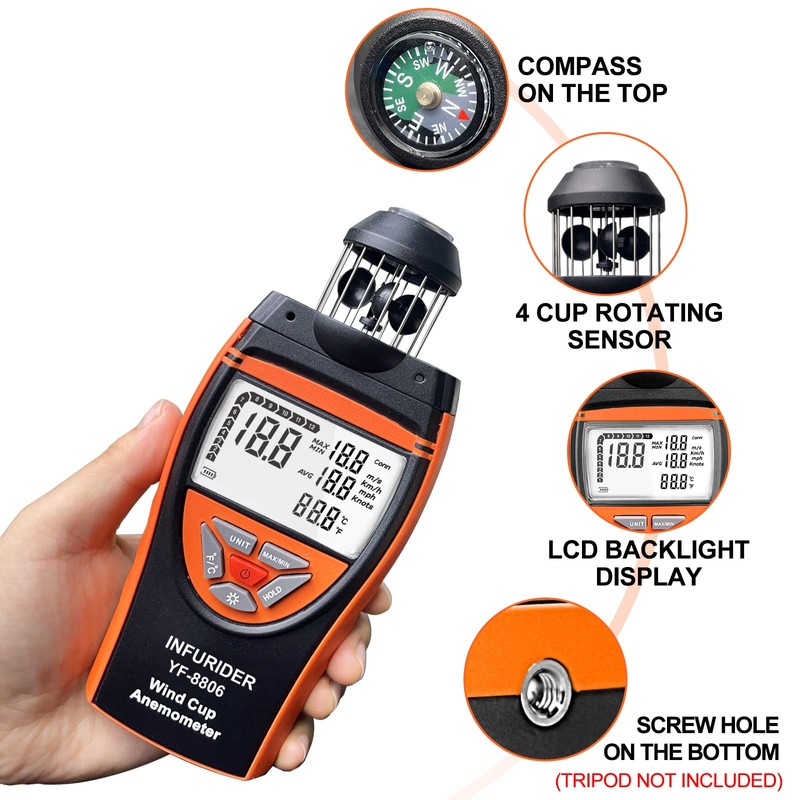 Handheld Wind Cup Anemometer,INFURIDER YF-8806 Digital Wind Speed Gauge Meter