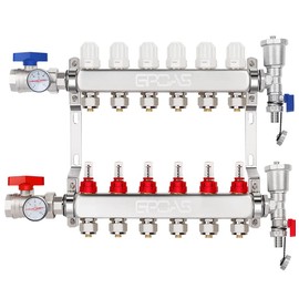 6-Loops Radiant Floor Heating Manifold Pex Pipe Radiant Heat Floor Manifold 304 Stainless Steel for 1/2" PEX Tube