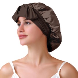 ZIMASILK 22 Momme 100% Mulberry Silk Bonnet for Sleeping Women Long Hair Double Layer Silk Hair Wrap with Elastic & Tie Band Cooling Hair Caps for Hair Care Stay On Head (1Pc, Chocolate)