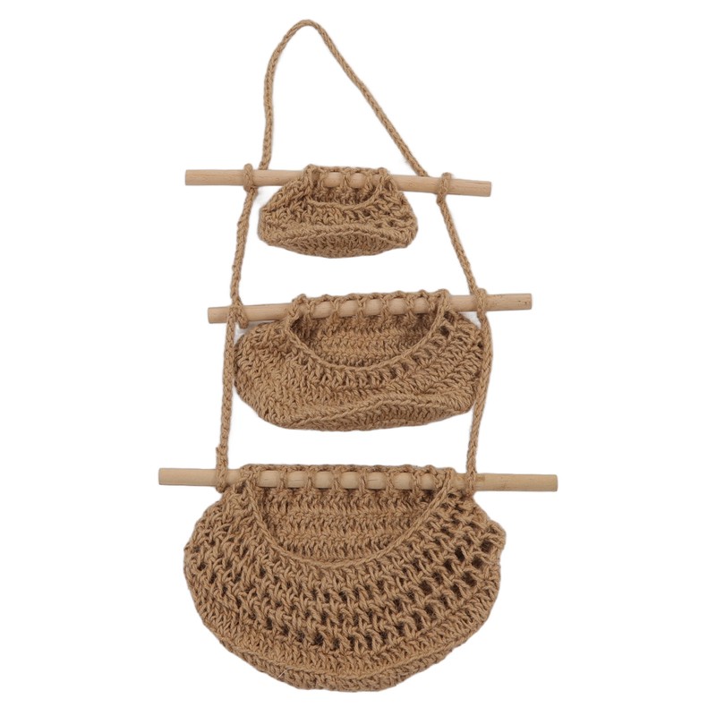 Hanging Fruit Basket 3 Tier Wall Mounted Handcraft Hemp Rope