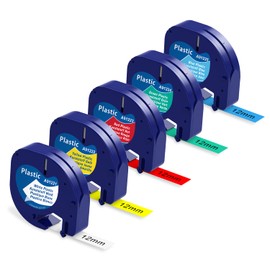 Aonomi Compatible with Dymo LetraTag Label Tape, Plastic, 12 mm x 4 m, Compatible with Dymo LT-100H, LT-110T, QX50, XR 2000 Labelling Device, Colour 5 Black on White/Yellow/Red/Green/Blue