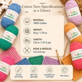 Aeelike Pure Cotton Yarn for Crochet & Knitting, Baby Cotton Yarn, Vibrant