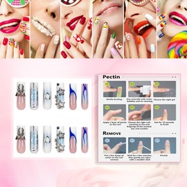 Rchovsam Long Square Press on Nails French Tip Nails Press Ons White Butterfly Stars Love Diamond Designs False Nails Full Cover Glossy Artificial Fake Nails Gift for Women 24pcs