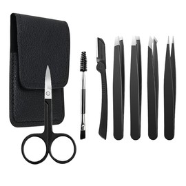 AURALUX Kit 7 Pinzas para Cejas Profesional, Acero Inoxidable, Pinzas de Depilación, Tijeras para Cejas, con Bolsa de Almacenamiento, Diseño Antideslizante Seguro