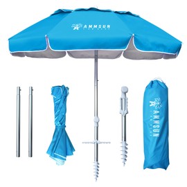 AMMSUN 6ft Folded Portable Travel Beach Umbrella with Sand Anchor Tilt Air vent UPF 50+UV Protection Fit In Suitcase Compact Foldable Telescopic umbrellas for Patio Garden Beach Pool Sky Blue
