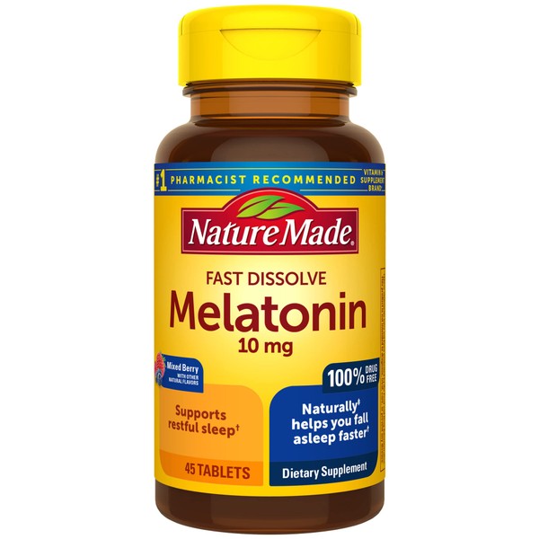 Nature Made Fast Dissolve Melatonin 10mg, Maximum Strength 100% Drug Free Sleep Aid for Adults, 45 Tablets, 45 Day Supply