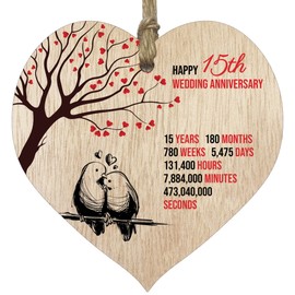 15th Wedding Anniversary Wooden Heart Plaque, Light Wood Sign Keepsake, Celebrate Crystal Anniversary Wife Husband Boyfriend Girlfriend, Plaque with Quotes Gifts from the Kids