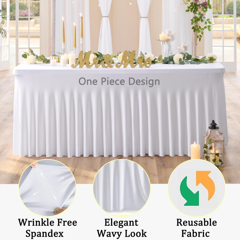 White Stretchy Spandex Tablecloth for 1.8 m Rectangular Table, Washable