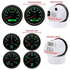 ARTILAURA 6 Gauge Set-GPS Speedometer, Tachometer, Fuel Level, Water Temperature, Oil Pressure, Voltage 7 Color Backlight Boat Gauges Set Marine Car (All Black)
