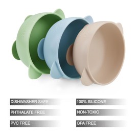 PandaEar 3 Pack Baby Suction Bowls, Stay Put Silicone Food Bowl Babies Led Weaning Supplies for Kids Toddlers, BPA-Free -Blue/Green/Brown