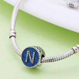 Letter Charms with Cubic Stone 925 Sterling Silver Blue Enamel Alphabet A~Z Bead Charms Fits Bracelet Necklace (N)