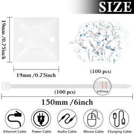 100 Sets Cable Zip Tie Mounts Kit- 100Pcs 1" Adhesive Cable Base Holder Mounting Squares and 100Pcs 6" White Nylon Zip Ties Outdoor Sticky Wire Fasteners Clips Cable Management Anchor Organizer