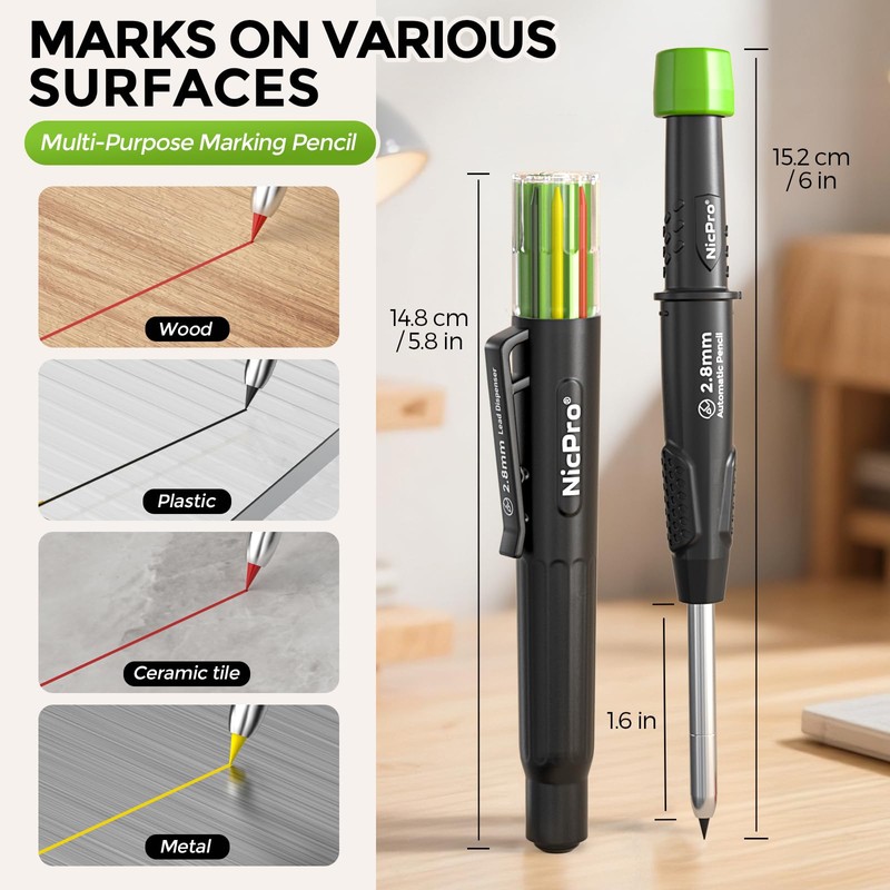 Nicpro Carpenter Pencil with Sharpener, CP3000 Construction Pencils with 6