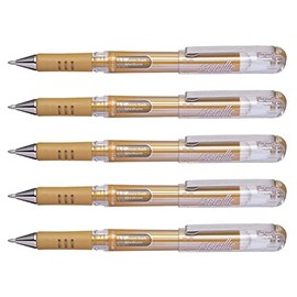 PENTEL K230M Gel Ink Rollerball Pens Metallic Hybrid Gel Grip DX Pack of 5 Gold