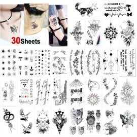 HOWAF Temporary Tattoos for Adult Men Women Kids(30 Sheets), Waterproof Temporary Tattoo Fake Tattoos Body Art Sticker Hand Neck Wrist Cover Up Set, Skull Owl Flower Wolf Etc