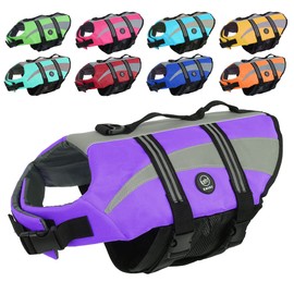 EMUST Life Jacket for Large Dogs, Dog Life Vest for Small/Medium/Large Dogs with Double Rescue Handles, High Reflective Dog Life Preserver for Swimming,Purple, L