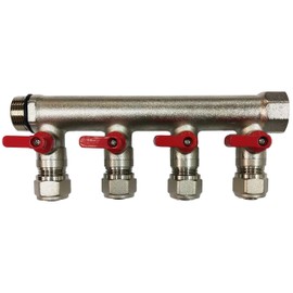 4 Loop Plumbing Manifold w/ 3/4" trunk & 1/2" pex ball valves, red handle