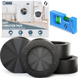 Anti Vibration Pads for Washing Machine - 4 XL Pads with Tank Tread Grip + Level - Washer Dryer Pedestals Fits All Machines - Noise Dampening, Protects Laundry Room Floor - Washing Machine Support