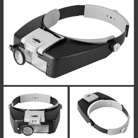 Head Mount Magnifying Glass, ABS Headband Magnifier Glasses 1.5X 3X 8.5X 10X Magnification Head Circumference Adjustment Wheel Detachable LED Light for Crafts