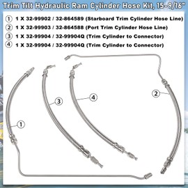 Trim Tilt Hydraulic Ram Cylinder Hose Kit For Mercruiser Alpha One 15-9/16" & Bravo I, II, III, X, XR, XZ, 9B-104 & 9B-121 Trim Cylinders, Replace # 32-99904Q 32-864589 32-864588 [4 Hose]