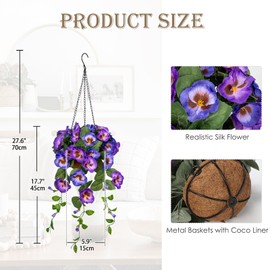Briful Artificial Hanging Basket Outdoor Blue&Purple Pansy Fake Flowers Realistic Silk Fall Bloom Faux Flowers Coconut Basket for Home Decor Indoor Farmhouse Balcony Patio Garde