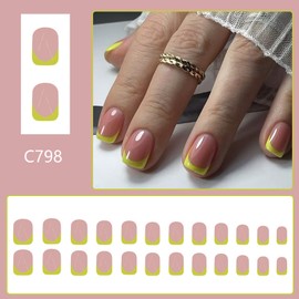 Green-edge Short Fake Nail, Short Shiny Fresh Manicure False Nails, Spring and Summer New Gentle Sweet Glossy Fake Nails Comfortable Fit Stick on Nails Long Lasting Full Cover Press on Nails