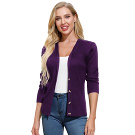 GRACE KARIN Short Cardigan Sweaters Lightweight Knit Button Up Spring Sweater V Neck Long Sleeve Dark Purple Cardigan S