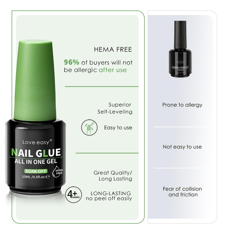 Love easy HEMA FREE Nail Glue,Multifunction Strong adhesion Long-Lasting 28days