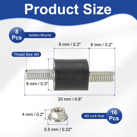 PATIKIL M3 8x8mm Rubber Isolator Mounts, 8 Pcs Rubber Studs Shock Absorber Anti-Vibration Isolation Damping Mounts with Lock Nuts for Motor, Air Compressor, Engines (20mm Height)