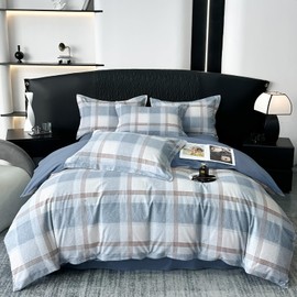VM VOUGEMARKET Blue White Plaid Duvet Cover Queen,3 Pieces Thick Brushed Cotton Duvet Cover Set,Simple Modern Teen Boys Gingham Bedding Set Without Comforter-90x90 Inch
