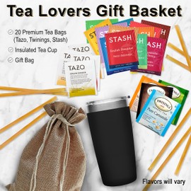 Bellina Tea Gift Baskets for Women and Men - Herbal Tea Variety Pack Gift Set for a Special Someone & Tea Lovers - Insulated Tea Tumbler, 20 Premium Teas, 10 Honey Straws, Gift Tag, Natural Gift Bag