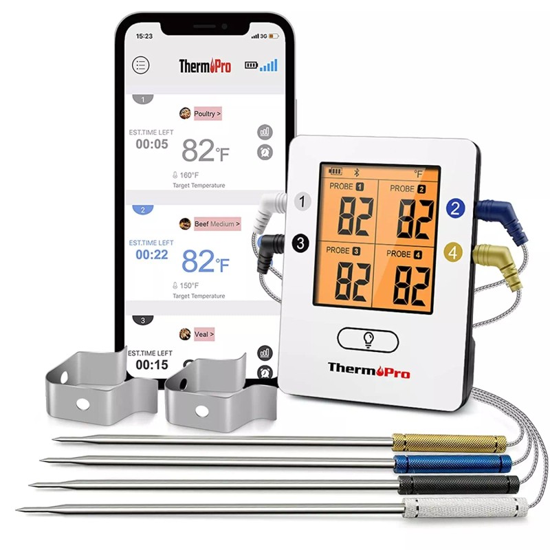 ThermoPro Bluetooth Meat Thermometer w/ 4 Probes, Rechargeable w/ Alarm