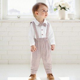 VISGOGO Toddler Boy Linen Outfit Baby Boy Fall Winter Clothes Set Button-Down Shirt Tops Cotton Linen Pants 2PCS (Brown-Striped, 12-18 Months)