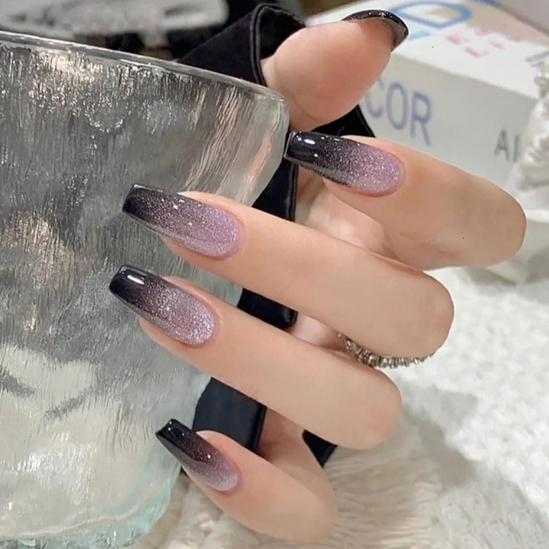 24 Pcs Black Gradient Pink Cat Eye Press on Nails