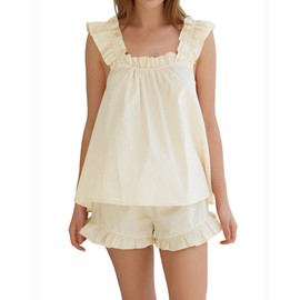 Xfileen Womens Summer 2 Piece Set Fashion Ruffle Trim Cami and Casual Shorts Set Cotton Pajama Sets Yellow