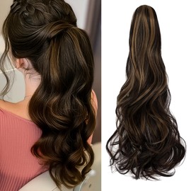 FELENDY Ponytail Extension Claw 18" 20" Curly Wavy Straight Clip in Hairpiece One Piece A Jaw Long Pony Tails for Women Ginger Gold mix Dark Brown