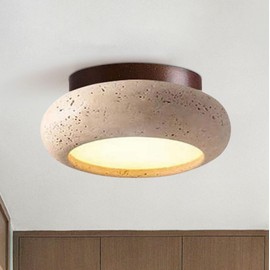 WOSBO Yellow Travertine Ceiling Light, 5.9" Minimalist Wabi Sabi Ceiling Light Fixture with Round Stone Lampshade, Mid Century Flush Mount Ceiling Light for Bedroom Living Room Kitchen Island Hallway