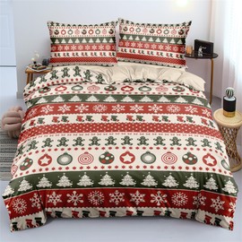 Gezu Christmas Bed Linen 155 x 200 cm Girls Boys Beige Green Red Checked Snowflake Santa Claus Pattern Baby Bed Linen Children's Bed Linen 1 Duvet Cover and 2 Pillowcases 80 x 80 cm